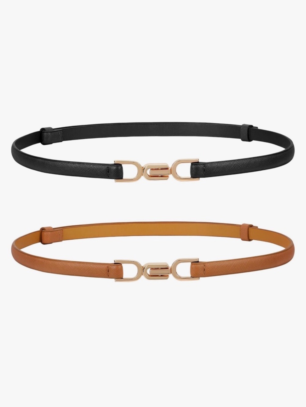 Adjustable Faux Leather Skinny Belts — Set of 2 — Black & Tan — up to 37”